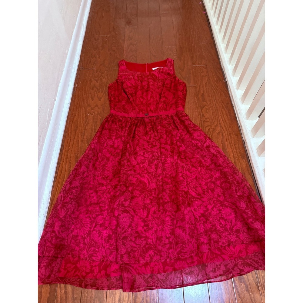 Sigrid Olsen Red Floral Damask Sleeveless Midi Dress Size 6 Jewel Bow Detail